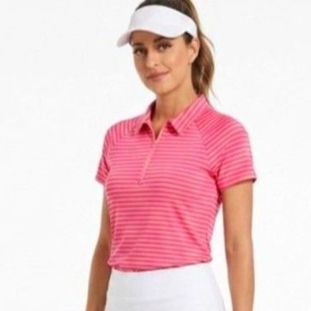 Jofit Womens NWOT Pink Coral Striped Performance 1/4 Zip SS Golf Polo Shirt Sz M
